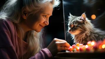 en kvinna och henne sällskapsdjur katt lekfullt spela med deras delad obligation och katt leksak. generativ ai foto
