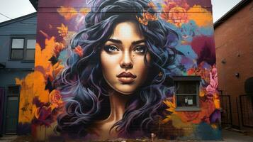 ett konstnär utställningar en mural på en sida gata i de stad. generativ ai foto