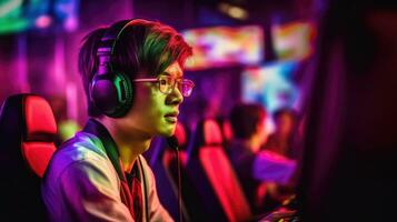 gamer spelar spel på dator försiktigt. generativ ai foto