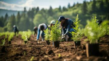 en grupp av volontärer är plantering träd i en trädlös område. generativ ai foto