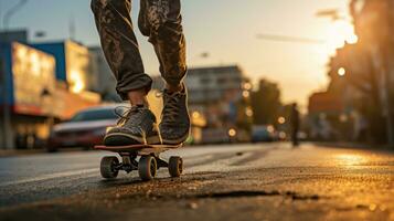 närbild av ung pojke ridning en skateboard på de gator av de stad. generativ ai foto