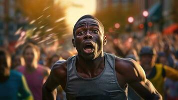 maraton löpare använder sig av sista energi medan närmar sig de Avsluta linje. generativ ai foto