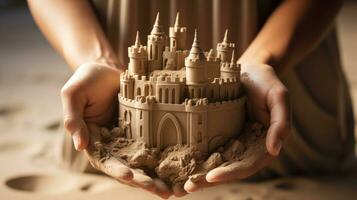 en pojke byggnad en sand slott. generativ ai foto