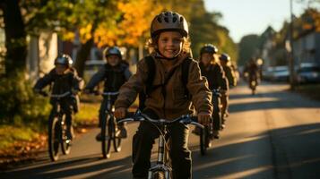 barn ridning cyklar i de gata. generativ ai foto