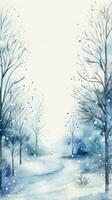 nyckfull vinter- scen med ritad för hand träd och en vattenfärg ram. foto