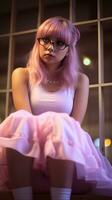 skön flicka med rosa hår. generativ ai foto