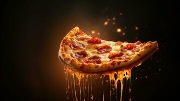 skiva av pizza faller in i de luft på en mörk bakgrund. foto