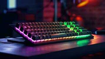 dator gaming tangentbord med neon lampor på en interiör gaming rum bakgrund foto