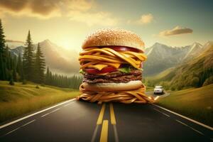 burger på de motorväg väg himmel se bakgrund foto