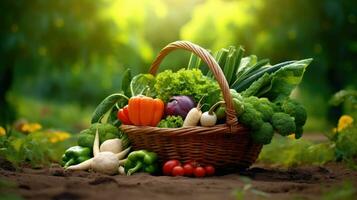 korg med färsk grönsaker på trä- tabell i trädgård, närbild foto