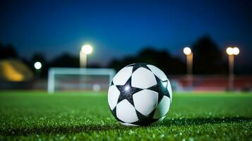 fotboll boll på grön gräs av fotboll stadion på natt med lampor foto