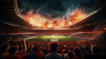 fotboll stadion med fläktar och fyrverkeri på natt foto