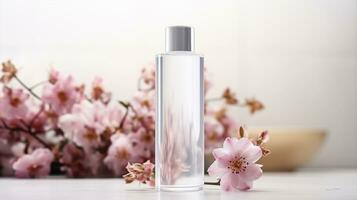 parfym flaska med körsbär blommar på ljus bakgrund, närbild foto