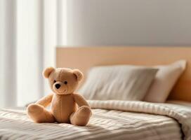 barns säng med leksak Björn i sovrum, ai generativ foto