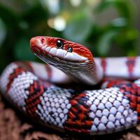 en detaljerad se av de fängslande skalor och färger av en röd mjölk orm ,ai genererad foto