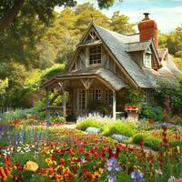 skön eco vänlig hus, ängel hus med blommor naturlig, natur ,ai genererad foto