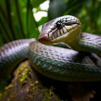 de Västra grön mamba glider tyst genom de lövverk ,ai genererad foto