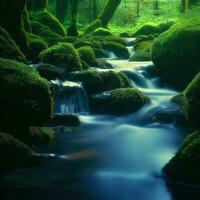 ström i skog, små flod i de skog, träd växt och mossa ,ai genererad foto