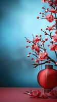 kinesisk ny år röd bakgrund med plommon blomma och 3d lykta element ai genererad foto