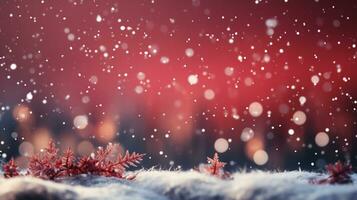 jul bakgrund, snöflinga på snö med suddigt bokeh ljus på röd bakgrund, horisontell xmas jul affisch, hälsning kort, rubriker, webbplats, generativ ai foto
