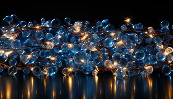 gnistrande jul krans lampor mot en djup blå bakgrund ai genererad foto