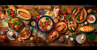festlig tabell, många maträtter från annorlunda länder av de värld - ai genererad bild foto