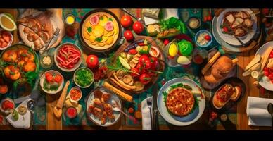 festlig tabell, många maträtter från annorlunda länder av de värld - ai genererad bild foto