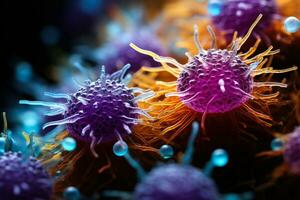 exceptionell makro bild av virus smittad celler under stark mikroskopi foto