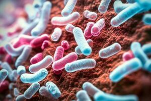 ultra stänga makro se av probiotisk bakterie myllrande i de mänsklig mage foto