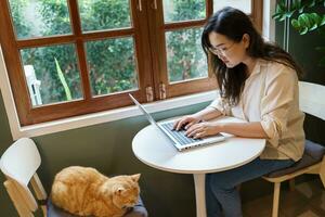 kvinna arbetssätt från Hem med katt. katt sovande på de bärbar dator tangentbord. assistent katt arbetssätt på bärbar dator foto