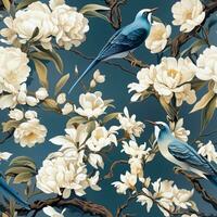 elegant chinoiserie tyg bakgrund visning tidlös blommig och fågel motiv foto