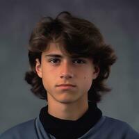 15 år gammal pojke, brun rörig hår, bär en blå turtleneck Tröja mot en mörk grå bakgrund - ai generativ foto