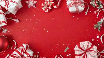 en röd glad jul bakgrund terar konfetti i olika semesterinspirerat former, sådan som ornament och godis käppar foto