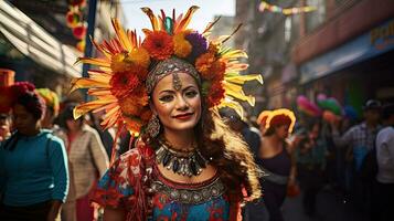 skön kvinna med kostym i de karneval ai generativ foto