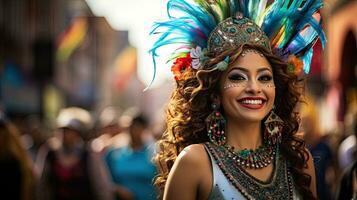 skön kvinna med kostym i de karneval ai generativ foto