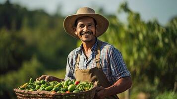 porträtt jordbrukare plockning grönsaker ai generativ foto