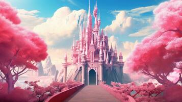 en fe- berättelse slott med rosa körsbär träd foto