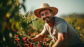 porträtt jordbrukare plockning tomater ai generativ foto