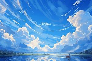 anime stil målning av en blå himmel med moln och en båt, ai generativ foto