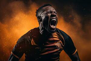 porträtt fotboll spelare med bakgrundsbelysning ai generativ foto