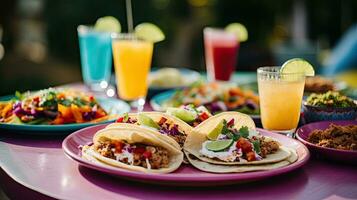 utsökt tacos med dryck på de tabell ai generativ foto