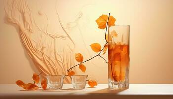 caras jonöt styled vietnamese flytande i ljus orange med ispunk löv ai genererad foto