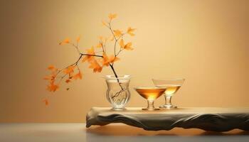 caras jonöt styled vietnamese flytande i ljus orange med ispunk löv ai genererad foto