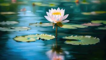 en små lotus i en omfattande lugn sjö med suddig bakgrund ai genererad foto