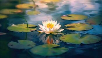 en små lotus i en omfattande lugn sjö med suddig bakgrund ai genererad foto