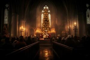 ai generativ förtjusande bild av en kyrka midnatt jul service foto
