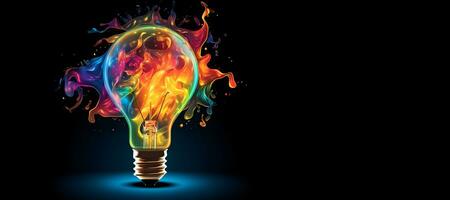 kreativ ljus Glödlampa exploderar med färgrik måla och stänk på en mörk bakgrund. tror annorlunda kreativ aning begrepp .generativ ai foto