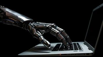 en robot hand är skriver en bärbar dator dator. generativ ai foto