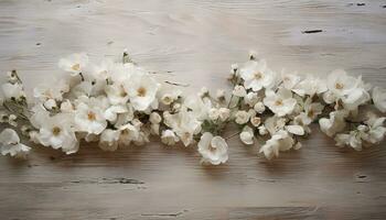 sandig vit antik tabell med vit blommor om på den ai genererad foto
