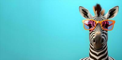 kreativ djur- koncept.a zebra bär solglasögon på en blå bakgrund, digital konst, fasetterad, kopia Plats. generativ ai foto
